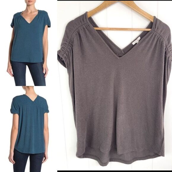 NWOT Pleione Womens V-Neck Short Sleeves Shirred Terry Cloth Textured Top M - Picture 1 of 8